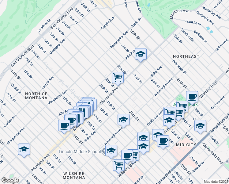 map of restaurants, bars, coffee shops, grocery stores, and more near 1932 Montana Avenue in Santa Monica