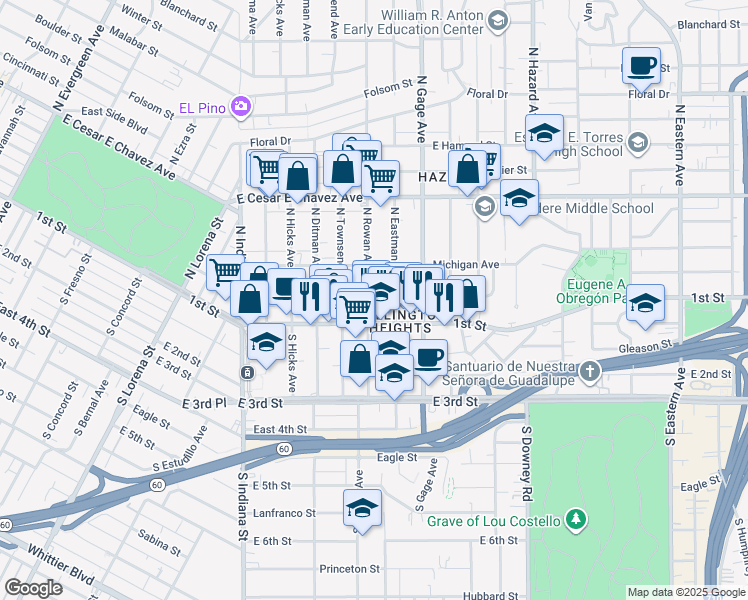 map of restaurants, bars, coffee shops, grocery stores, and more near 132 North Rowan Avenue in Los Angeles
