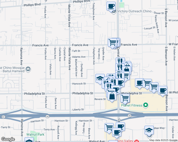 map of restaurants, bars, coffee shops, grocery stores, and more near 5061 Chesapeake Street in Chino