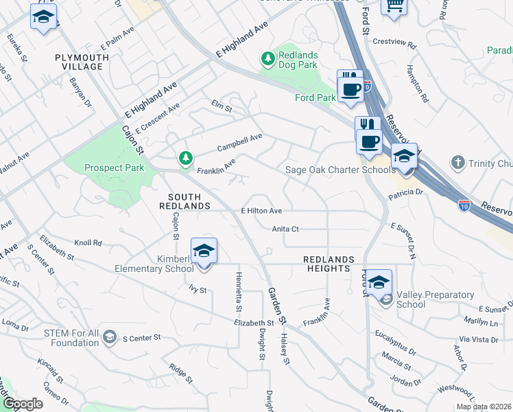 map of restaurants, bars, coffee shops, grocery stores, and more near 104 East Hilton Avenue in Redlands