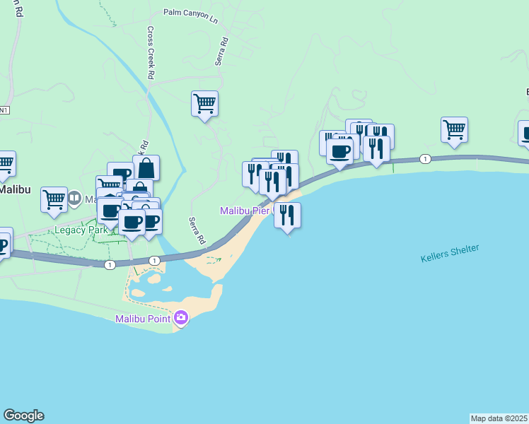 map of restaurants, bars, coffee shops, grocery stores, and more near 23018 Pacific Coast Highway in Malibu