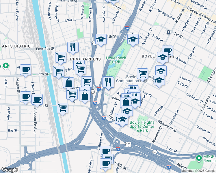 map of restaurants, bars, coffee shops, grocery stores, and more near 739 1/2 South Boyle Avenue in Los Angeles