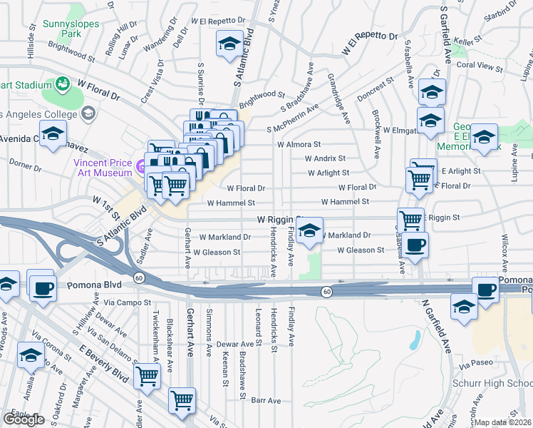 map of restaurants, bars, coffee shops, grocery stores, and more near 507 West Riggin Street in Monterey Park