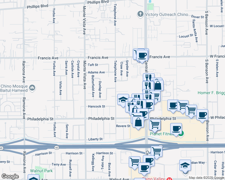 map of restaurants, bars, coffee shops, grocery stores, and more near 11940 Telephone Avenue in Chino