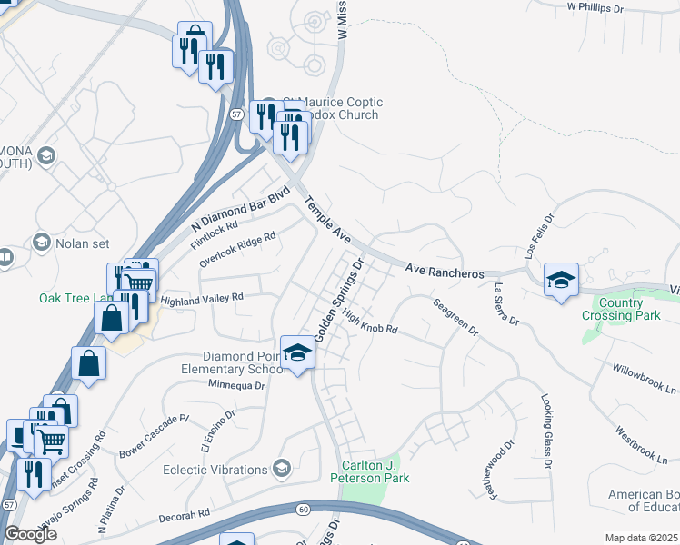 map of restaurants, bars, coffee shops, grocery stores, and more near 1107 Golden Springs Drive in Diamond Bar