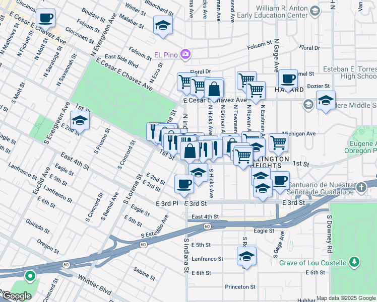 map of restaurants, bars, coffee shops, grocery stores, and more near 123 North Indiana Street in Los Angeles