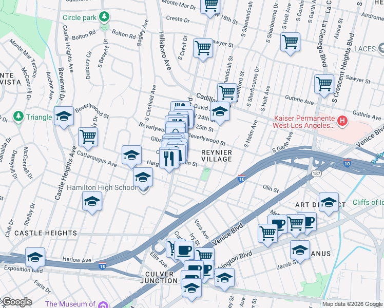 map of restaurants, bars, coffee shops, grocery stores, and more near 8929 Olin Street in Los Angeles