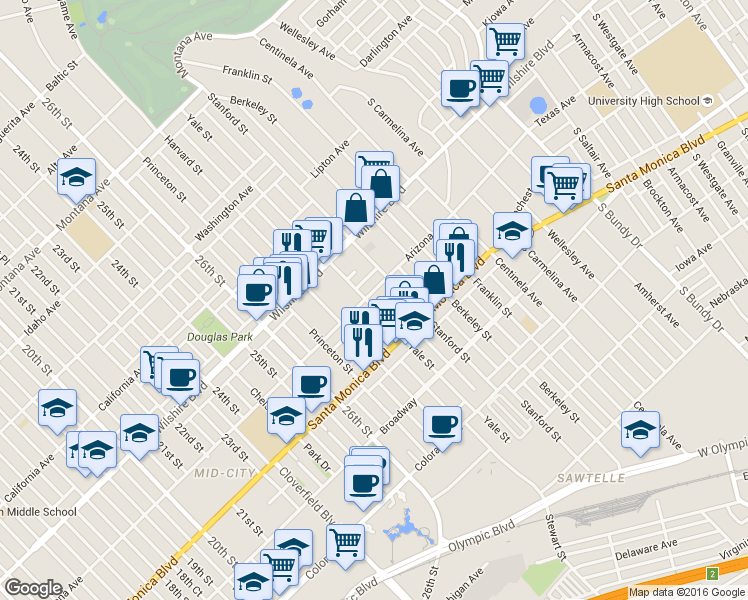 map of restaurants, bars, coffee shops, grocery stores, and more near 2832 Arizona Avenue in Santa Monica