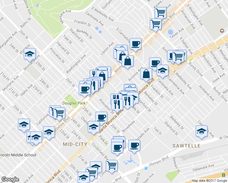 map of restaurants, bars, coffee shops, grocery stores, and more near 2832 Arizona Avenue in Santa Monica