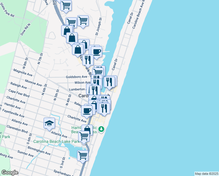 map of restaurants, bars, coffee shops, grocery stores, and more near 302 Canal Drive in Carolina Beach
