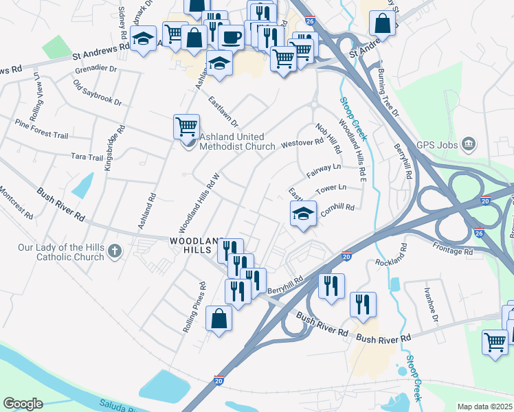 map of restaurants, bars, coffee shops, grocery stores, and more near 803 Pine Springs Road in Columbia