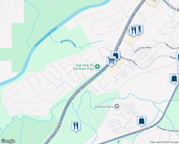 map of restaurants, bars, coffee shops, grocery stores, and more near 1590 Ascot Court Northwest in Suwanee