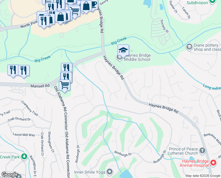 map of restaurants, bars, coffee shops, grocery stores, and more near 140 Summerfield Drive in Alpharetta