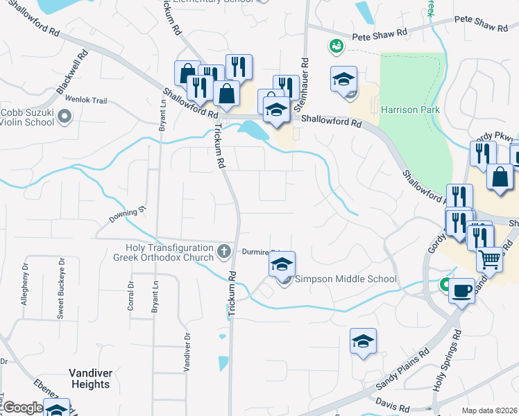 map of restaurants, bars, coffee shops, grocery stores, and more near 2663 Thornberry Place in Marietta