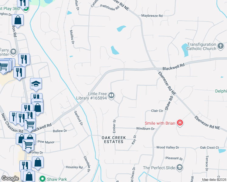 map of restaurants, bars, coffee shops, grocery stores, and more near 3641 Autumn Leaves Lane in Marietta