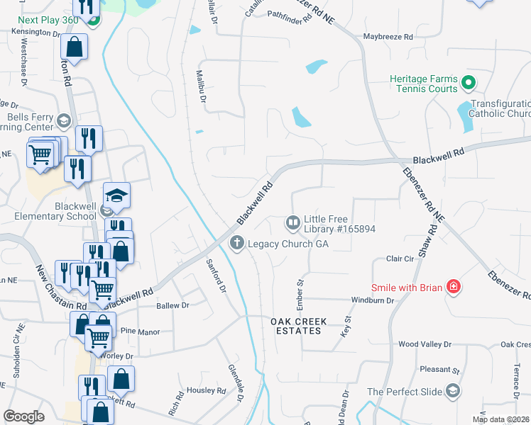 map of restaurants, bars, coffee shops, grocery stores, and more near 3469 Blackwell Way in Marietta