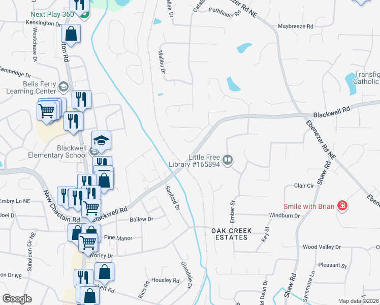 map of restaurants, bars, coffee shops, grocery stores, and more near 1083 Blackwell Road in Marietta