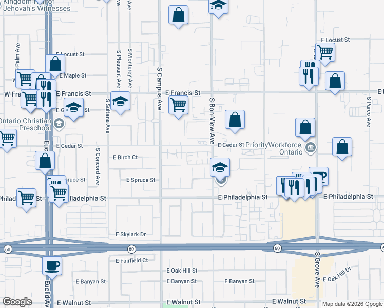 map of restaurants, bars, coffee shops, grocery stores, and more near 2030 South Bon View Avenue in Ontario