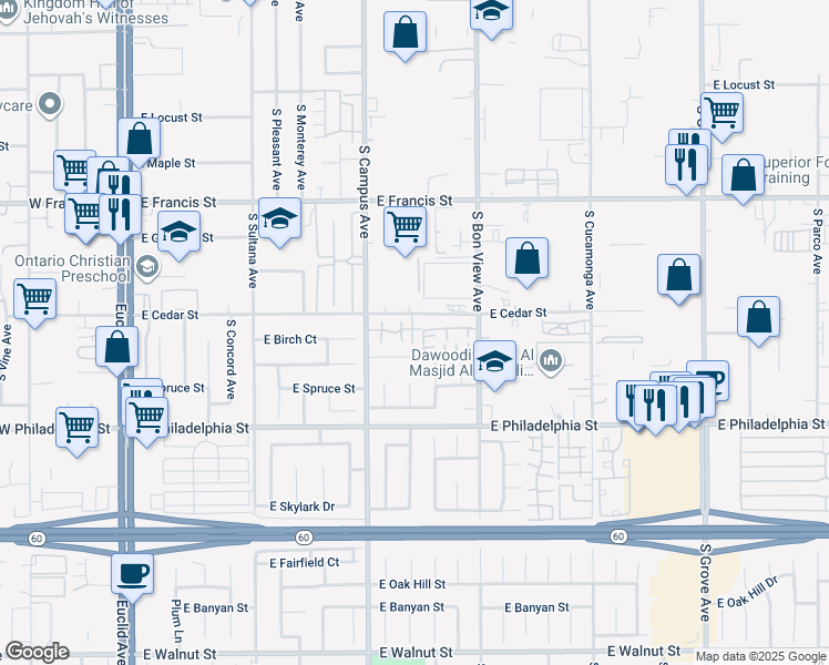 map of restaurants, bars, coffee shops, grocery stores, and more near 2029 South Campus Avenue in Ontario