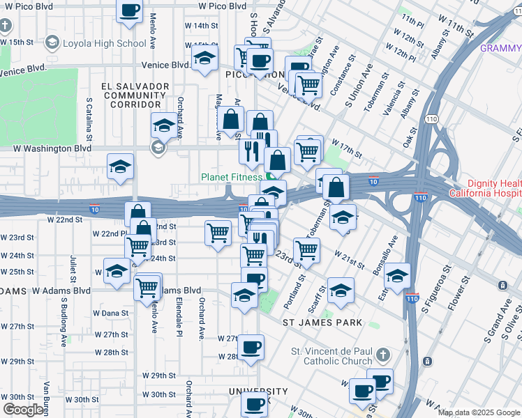 map of restaurants, bars, coffee shops, grocery stores, and more near 2220 South Hoover Street in Los Angeles