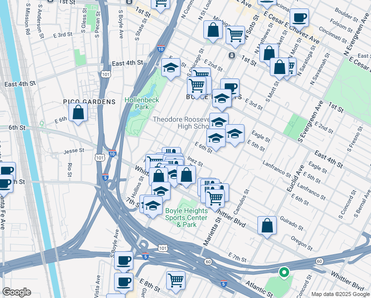 map of restaurants, bars, coffee shops, grocery stores, and more near 621 3/4 South Soto Street in Los Angeles