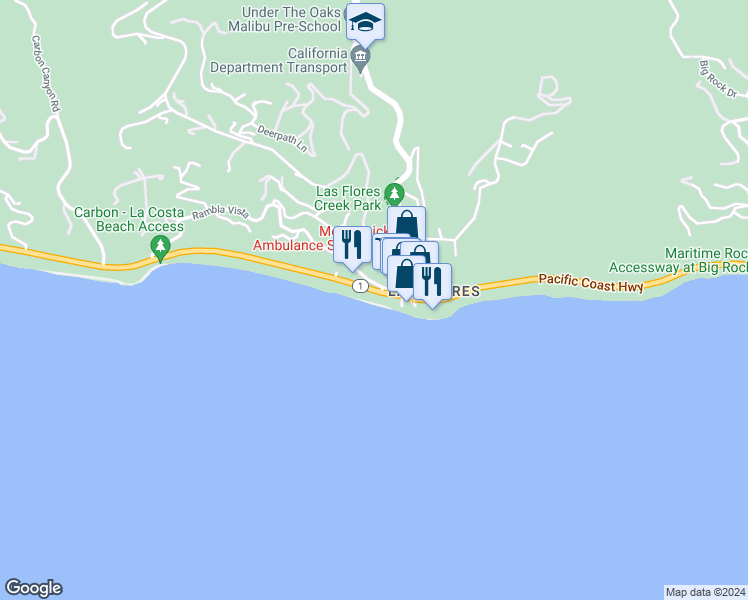 map of restaurants, bars, coffee shops, grocery stores, and more near 21306 Pacific Coast Highway in Malibu