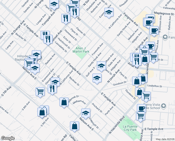 map of restaurants, bars, coffee shops, grocery stores, and more near 608 Sandy Hook Avenue in La Puente