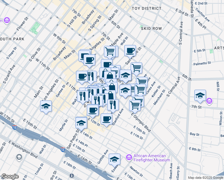 map of restaurants, bars, coffee shops, grocery stores, and more near 717 East 9th Street in Los Angeles