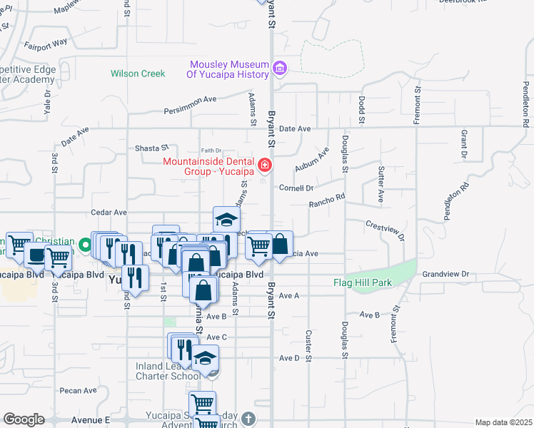 map of restaurants, bars, coffee shops, grocery stores, and more near 11930 Bryant Street in Yucaipa