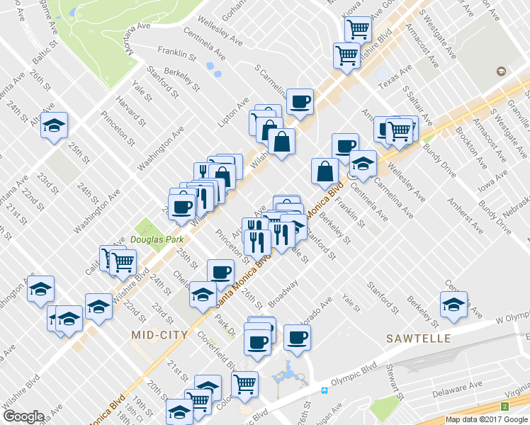 map of restaurants, bars, coffee shops, grocery stores, and more near 2910 Arizona Avenue in Santa Monica