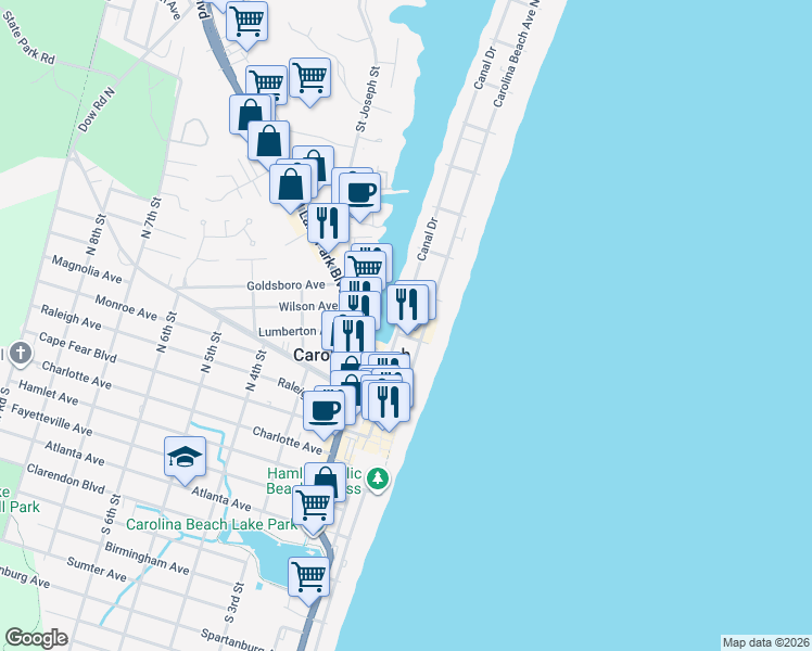 map of restaurants, bars, coffee shops, grocery stores, and more near 104 Carl Winner Drive in Carolina Beach