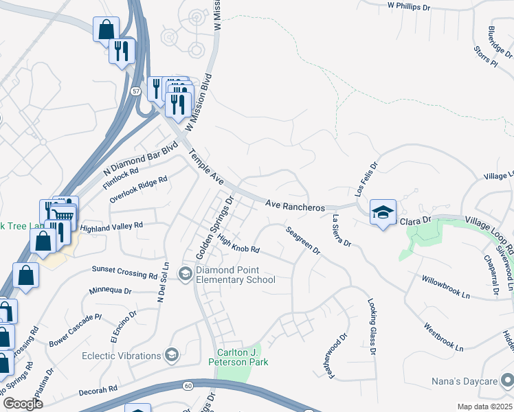 map of restaurants, bars, coffee shops, grocery stores, and more near 24160 Avenue Rancheros in Diamond Bar