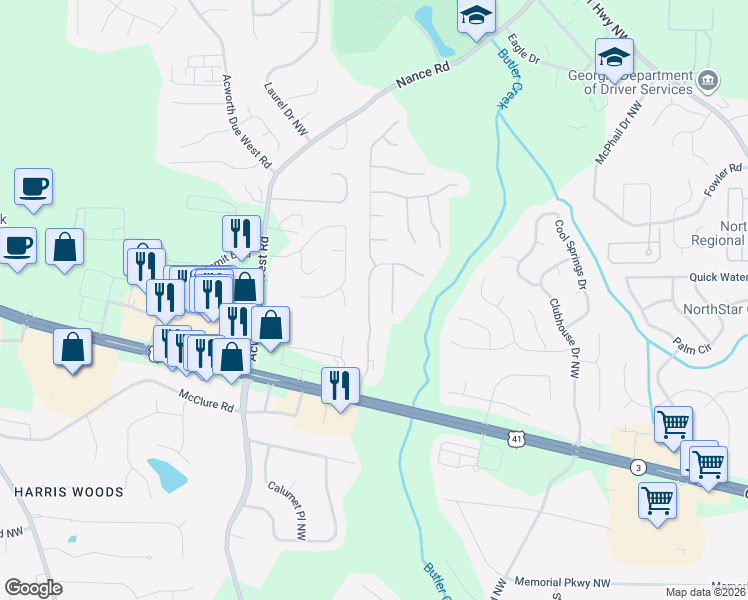 map of restaurants, bars, coffee shops, grocery stores, and more near 221 Creel Chase Northwest in Kennesaw