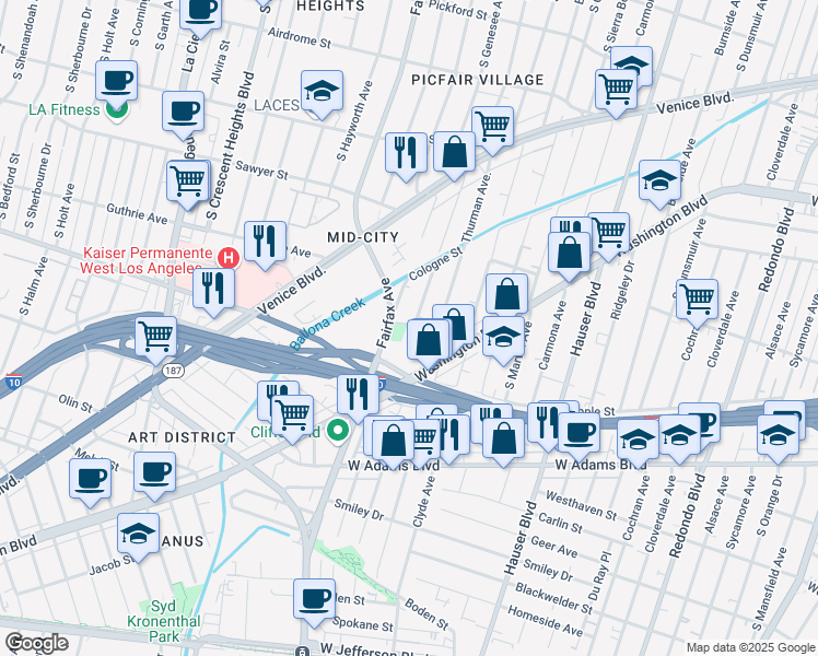 map of restaurants, bars, coffee shops, grocery stores, and more near 5740 South Glennie Lane in Los Angeles