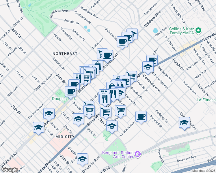 map of restaurants, bars, coffee shops, grocery stores, and more near 2910 Arizona Avenue in Santa Monica