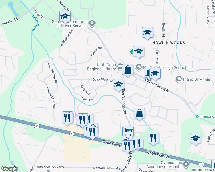 map of restaurants, bars, coffee shops, grocery stores, and more near 3471 Northfield Way in Kennesaw
