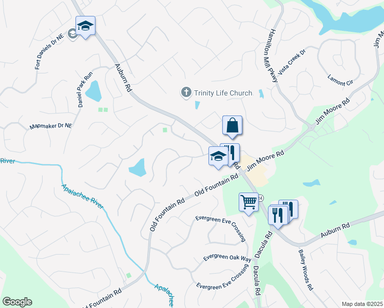map of restaurants, bars, coffee shops, grocery stores, and more near 2988 Belfaire Lake Drive in Dacula
