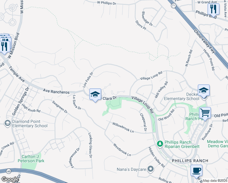 map of restaurants, bars, coffee shops, grocery stores, and more near 14 Calle De Cabos in Pomona