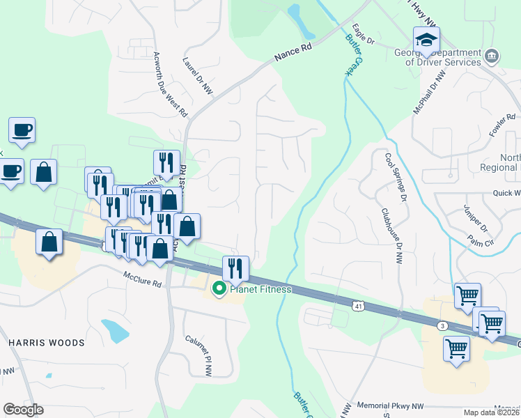 map of restaurants, bars, coffee shops, grocery stores, and more near 218 Creel Chase Northwest in Kennesaw