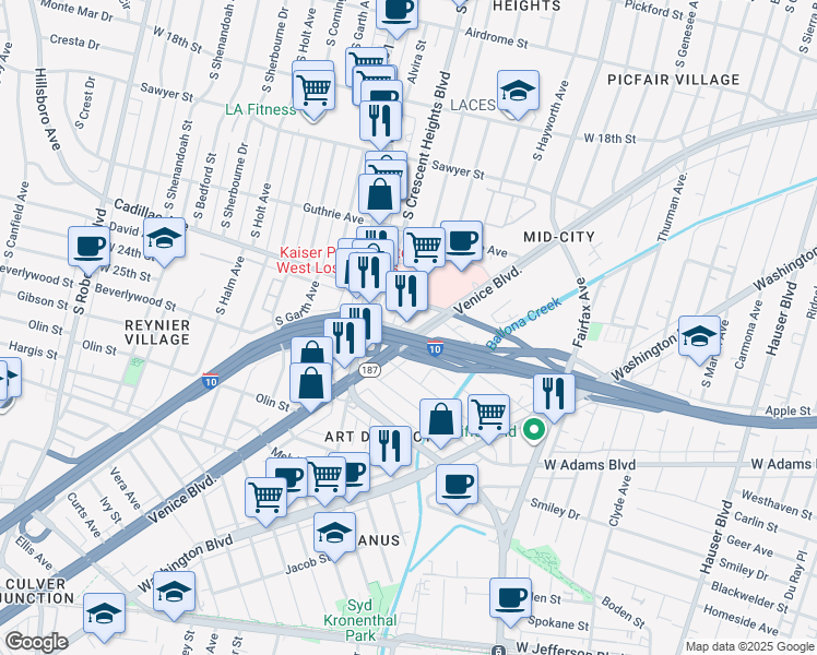 map of restaurants, bars, coffee shops, grocery stores, and more near 6031 Venice Boulevard in Los Angeles