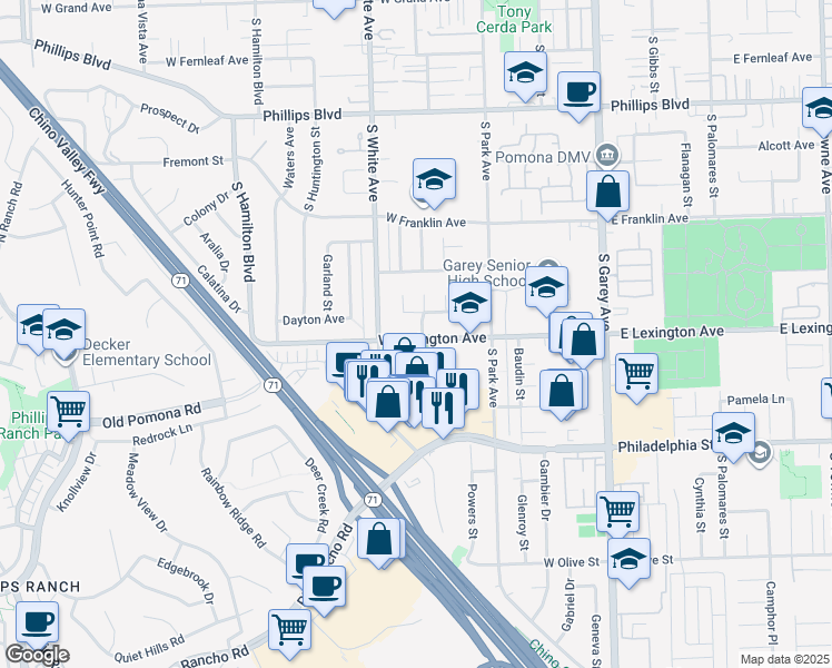 map of restaurants, bars, coffee shops, grocery stores, and more near 765 West Lexington Avenue in Pomona