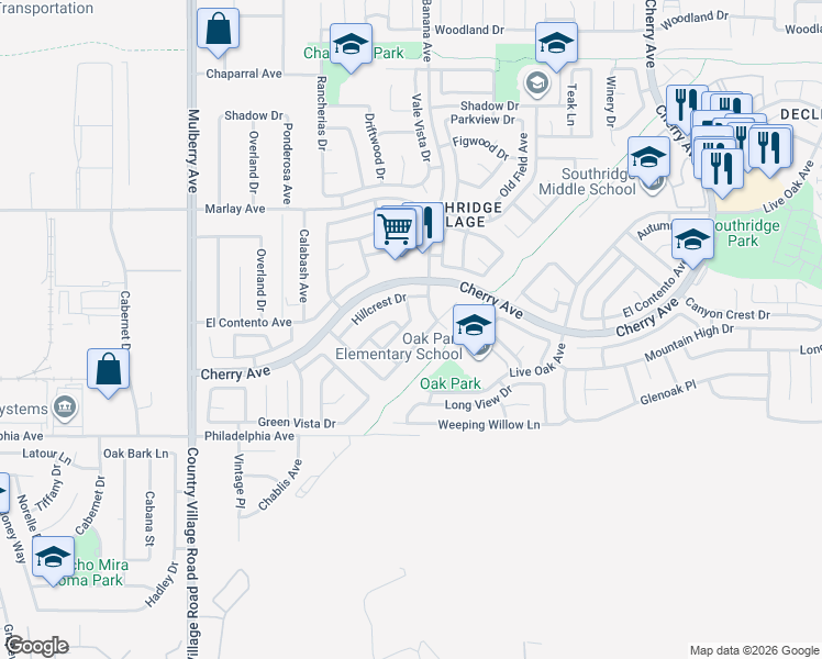 map of restaurants, bars, coffee shops, grocery stores, and more near 14079 El Camino Place in Fontana