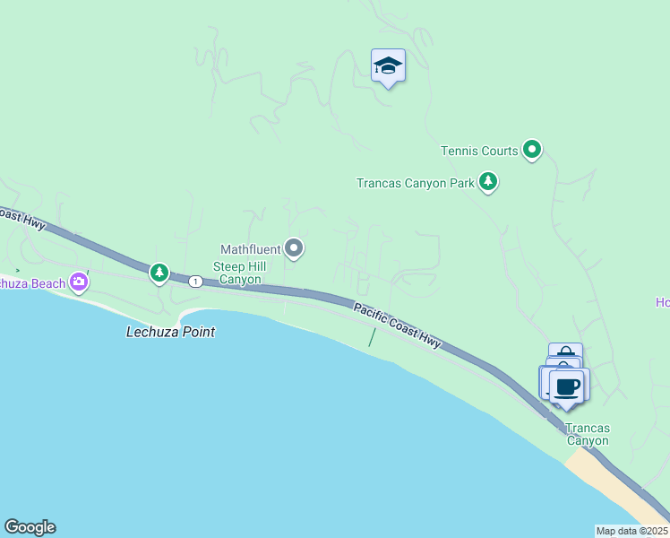 map of restaurants, bars, coffee shops, grocery stores, and more near 31280 Bailard Road in Malibu