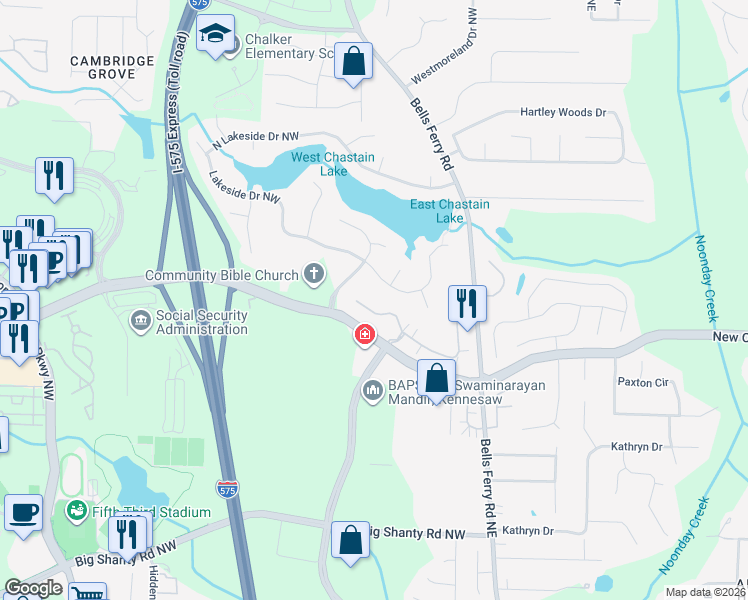 map of restaurants, bars, coffee shops, grocery stores, and more near 120 Chastain Road Northwest in Kennesaw