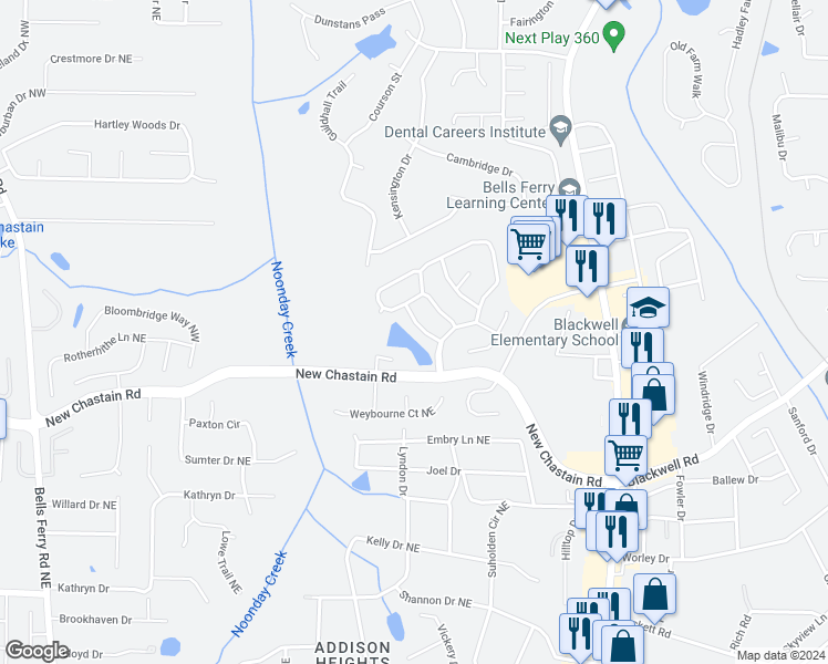 map of restaurants, bars, coffee shops, grocery stores, and more near 3581 Chastain Trail Northeast in Marietta