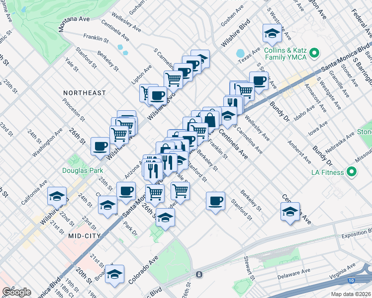 map of restaurants, bars, coffee shops, grocery stores, and more near 3012 Santa Monica Boulevard in Santa Monica
