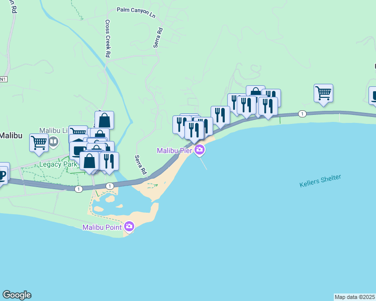 map of restaurants, bars, coffee shops, grocery stores, and more near 23018 Pacific Coast Highway in Malibu