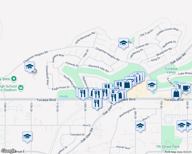 map of restaurants, bars, coffee shops, grocery stores, and more near 33418 Wallace Way in Yucaipa
