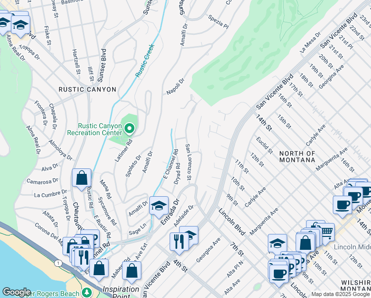 map of restaurants, bars, coffee shops, grocery stores, and more near 671 San Lorenzo Street in Santa Monica