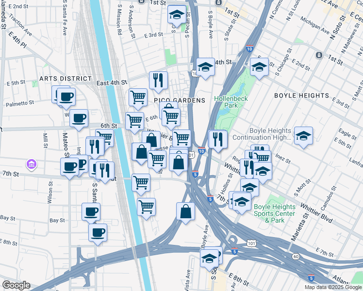 map of restaurants, bars, coffee shops, grocery stores, and more near 677 South Clarence Street in Los Angeles